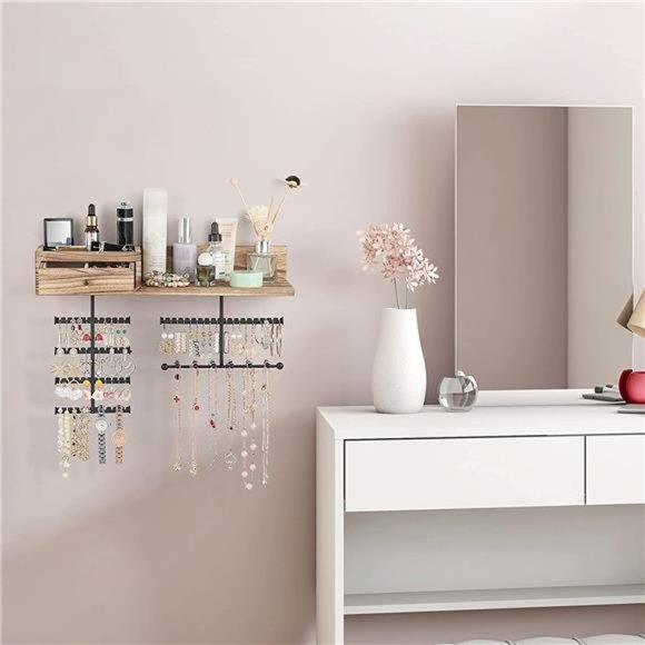 Jewelry Organizer Hanging Wall Mounted Jewelry Holder with Rustic Wood Drawer - Picture 3 of 6